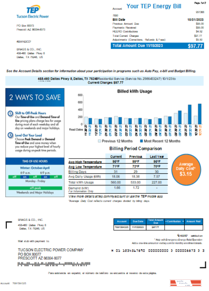 Arizona Tucson Electric Power (TEP) utility bill, page 1 SCR PSD template